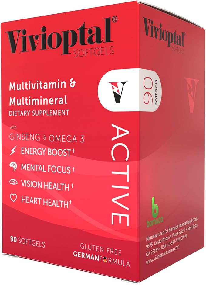 Vivioptal Active, 90 Softgels, Ginseng & Omega 3, Multivitamin & Multimineral, Gluten Free, German Formula-SeraviaPure