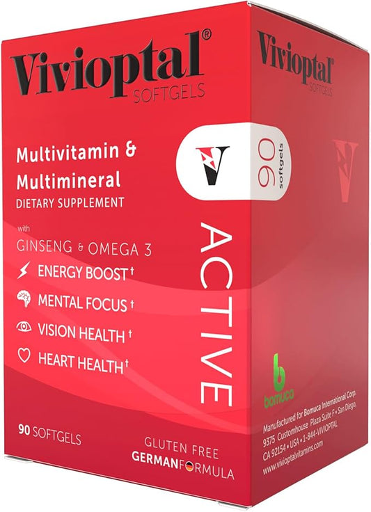Vivioptal Active, 90 Softgels, Ginseng & Omega 3, Multivitamin & Multimineral, Gluten Free, German Formula-SeraviaPure
