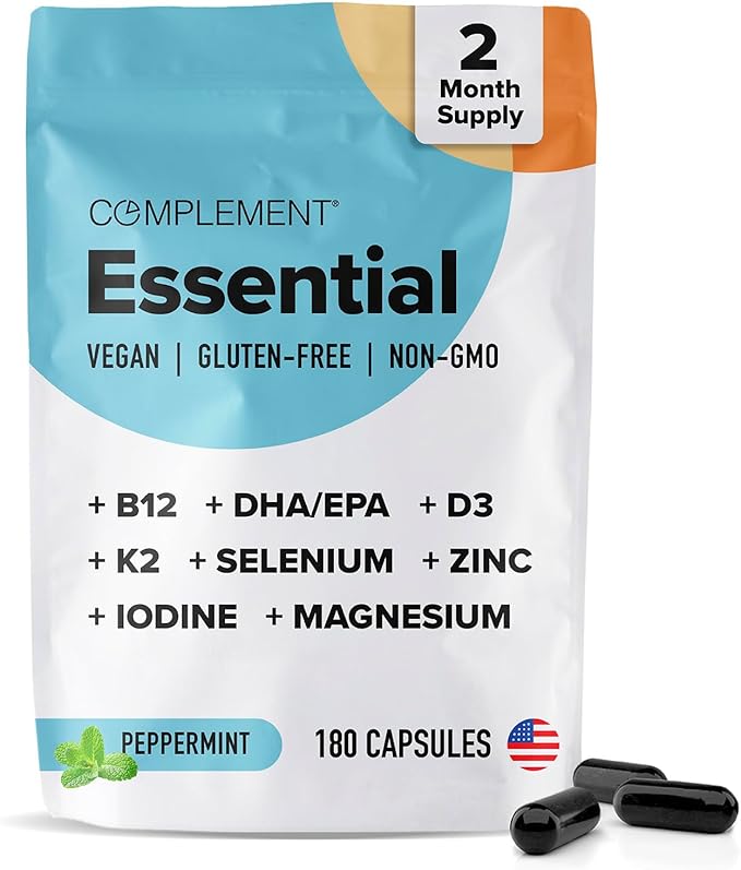 Complement 2 Month Supply Vegan Multivitamins for Women & Men (180 Capsules) Omega 3 DHA+EPA, Vitamin B12, Vitamin D3 K2, Zinc, Selenium, Magnesium, Iodine Supplement- Made in USA, 60 Servings-SeraviaPure