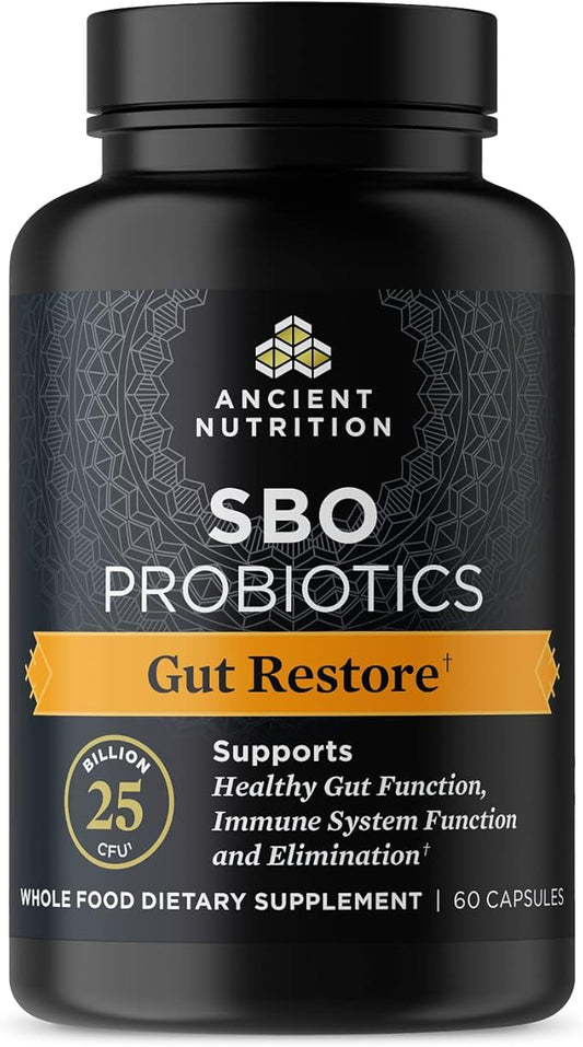 Probiotics by Ancient Nutrition, SBO Probiotics Gut Restore 60 Ct, Promotes Gut Health, Digestive and Immune Support, Gluten Free, Ancient Superfoods Blend, 25 Billion CFUs* Per Serving-SeraviaPure