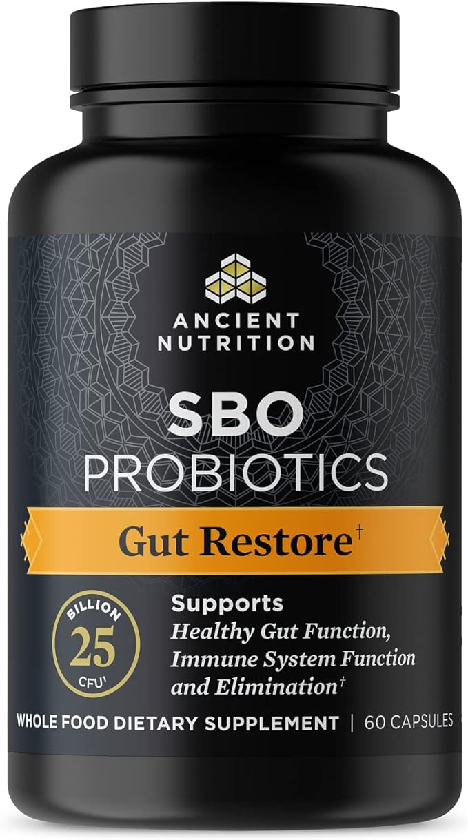 Probiotics by Ancient Nutrition, SBO Probiotics Gut Restore 60 Ct, Promotes Gut Health, Digestive and Immune Support, Gluten Free, Ancient Superfoods Blend, 25 Billion CFUs* Per Serving-SeraviaPure