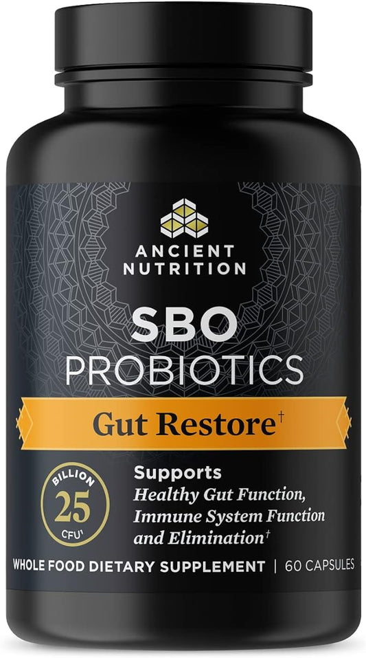 Probiotics by Ancient Nutrition, SBO Probiotics Gut Restore 60 Ct, Promotes Gut Health, Digestive and Immune Support, Gluten Free, Ancient Superfoods Blend, 25 Billion CFUs* Per Serving-SeraviaPure