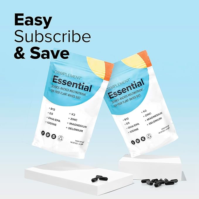 Complement 2 Month Supply Vegan Multivitamins for Women & Men (180 Capsules) Omega 3 DHA+EPA, Vitamin B12, Vitamin D3 K2, Zinc, Selenium, Magnesium, Iodine Supplement- Made in USA, 60 Servings-SeraviaPure
