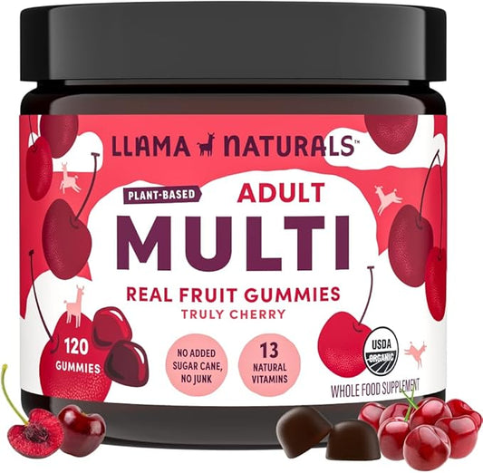 Llama Naturals Real Fruit Gummy Vitamins for Adults | No Added Sugar Cane | Whole Food Multivitamin Gummies | Women + Men | Vegan, Organic, Chewable | 120 ct, 30 Day Supply | Cherry-SeraviaPure