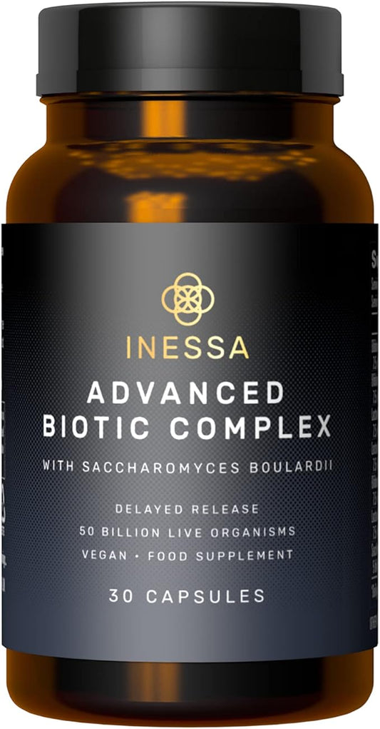 Inessa Advanced Biotic Complex - 50 Billion CFU Probiotics For Women Digestive, Gut Health With Delayed Release - 7 Strain Dairy Soy Gluten Free Probiotic Supplement - 30 Vegan Capsules For Men & Wome-SeraviaPure