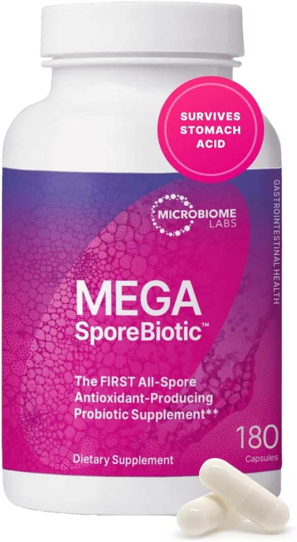 Microbiome Labs MegaSporeBiotic Probiotics for Women & Men - Spore Based Probiotics for Digestive Health - Shelf Stable & Travel-Friendly (180 Capsules)