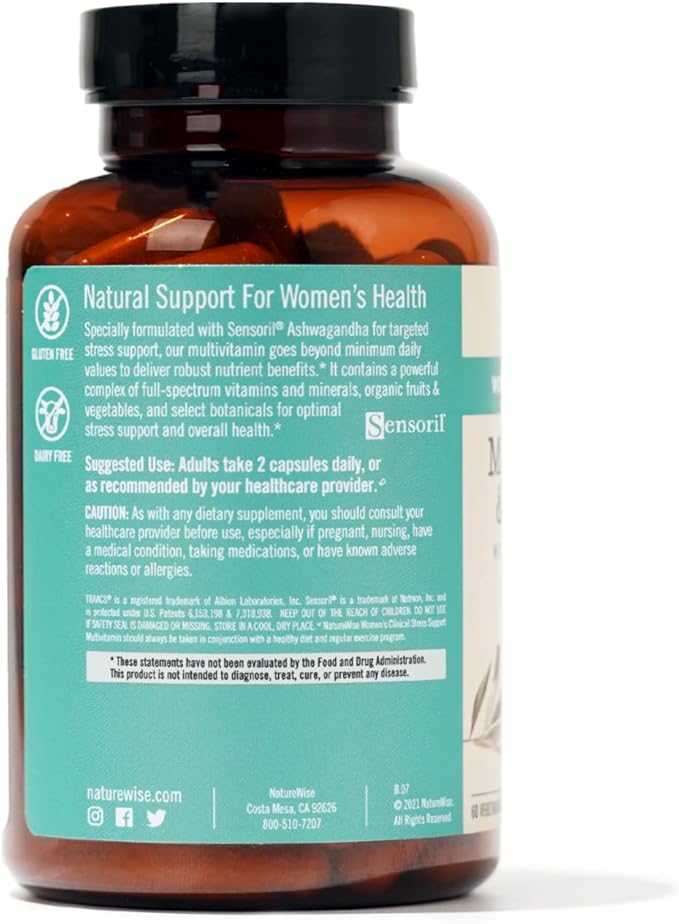 NatureWise Multivitamin for Women + Stress Support + B-Complex + Vitamin C + D3 K2 for Immunity, Hair, Skin & Nails, Digestion + Whole Organic Foods - Vegetarian, Non-GMO - 60 Capsules[1-Month Supply]-SeraviaPure