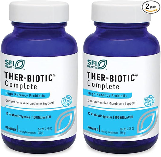 Klaire Labs SFI Health Ther-Biotic Complete Probiotic Powder - 100 Billion CFU - Men's and Women's Probiotics for Digestive Health & Immune Support - Dairy-Free, Hypoallergenic (64g, 2 Pack)