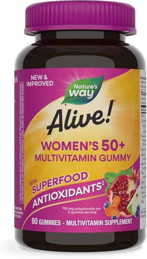 Nature's Way Alive! Women’s 50+ Daily Gummy Multivitamins, Supports Multiple Body Systems*, Supports Healthy Heart, Brain & Bones,* B-Vitamins, Mixed Berry Flavored, 60 Gummies (Packaging May Vary)-SeraviaPure