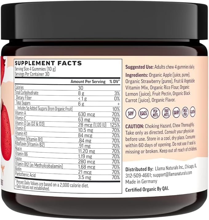 Llama Naturals Womens Multivitamin Gummy | Real Fruit, No Added Sugar Cane | Whole Food Vitamin Gummies | Organic, Vegan, Chewable | 120 ct | 30 Day Supply | Strawberry-SeraviaPure