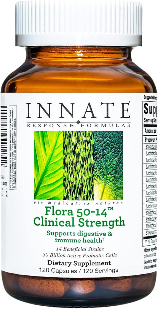 Innate Response Formulas Flora 50-14 Clinical Strength - Probiotic Supplement with 50 Billion CFU - 14 Probiotic Strains - Vegan and Non-GMO - Made Without 9 Food Allergens - 120 Capsules-SeraviaPure