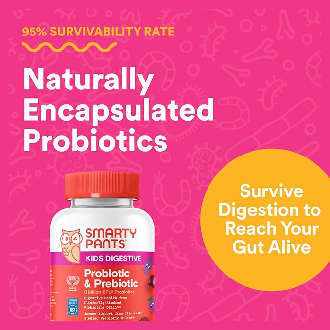 SmartyPants Kids Probiotic & Prebiotic Gummies for Digestive Health: Gut Health Supplement, Clinically Studied Prebiotic for Immune Support, Grape, 60 Count (30 Day Supply)-SeraviaPure