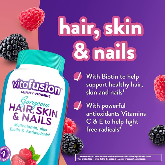 Vitafusion Gorgeous Hair, Skin & Nails Multivitamin Plus Biotin and Antioxidant Vitamins C&E, Raspberry Flavor, 135ct (45 Day Supply), from America’s Number One Gummy Vitamin Brand (Pack of 2)-SeraviaPure
