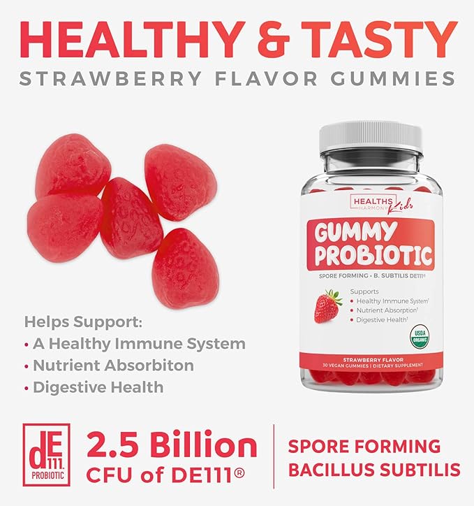 USDA Organic Probiotics for Kids (Non-GMO) Strawberry Flavor Kids Probiotic Gummies for Digestion & Immune Support - 2.5 Billion CFU of DE111 Spore Forming Strain for Maximum Survivability - 30 Gummys-SeraviaPure