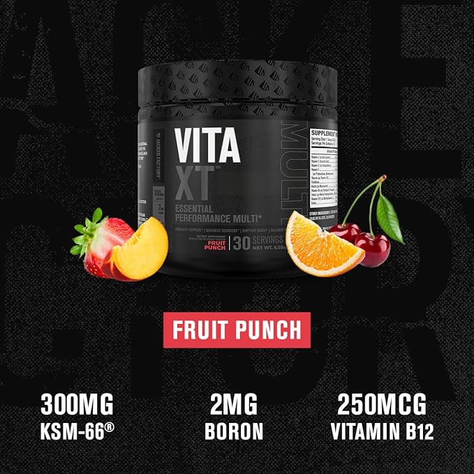 Jacked Factory Vita XT Performance Vitamin Powder - Daily Multivitamin Powder for Men with KSM-66 Ashwagandha, Prebiotic Fiber, Vitamin A, C, D, K, B6, B12, & More - Fruit Punch, 30Sv-SeraviaPure