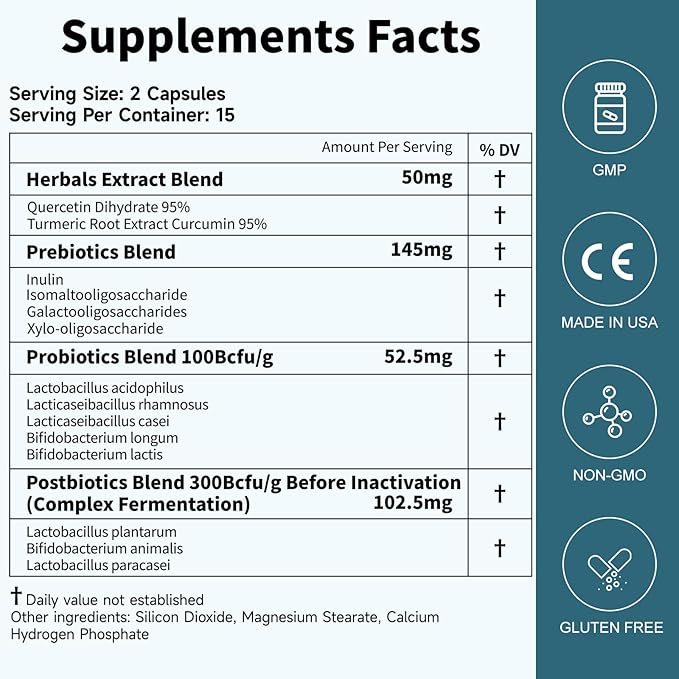Probiotics Women Men Gut Health: Digestive Health Immune Support Bloating Relief Shelf Stable Strains 35B CFUs per Capsule Complex with Prebiotics Postbiotics Quercetin & Curcumin Supplement-SeraviaPure