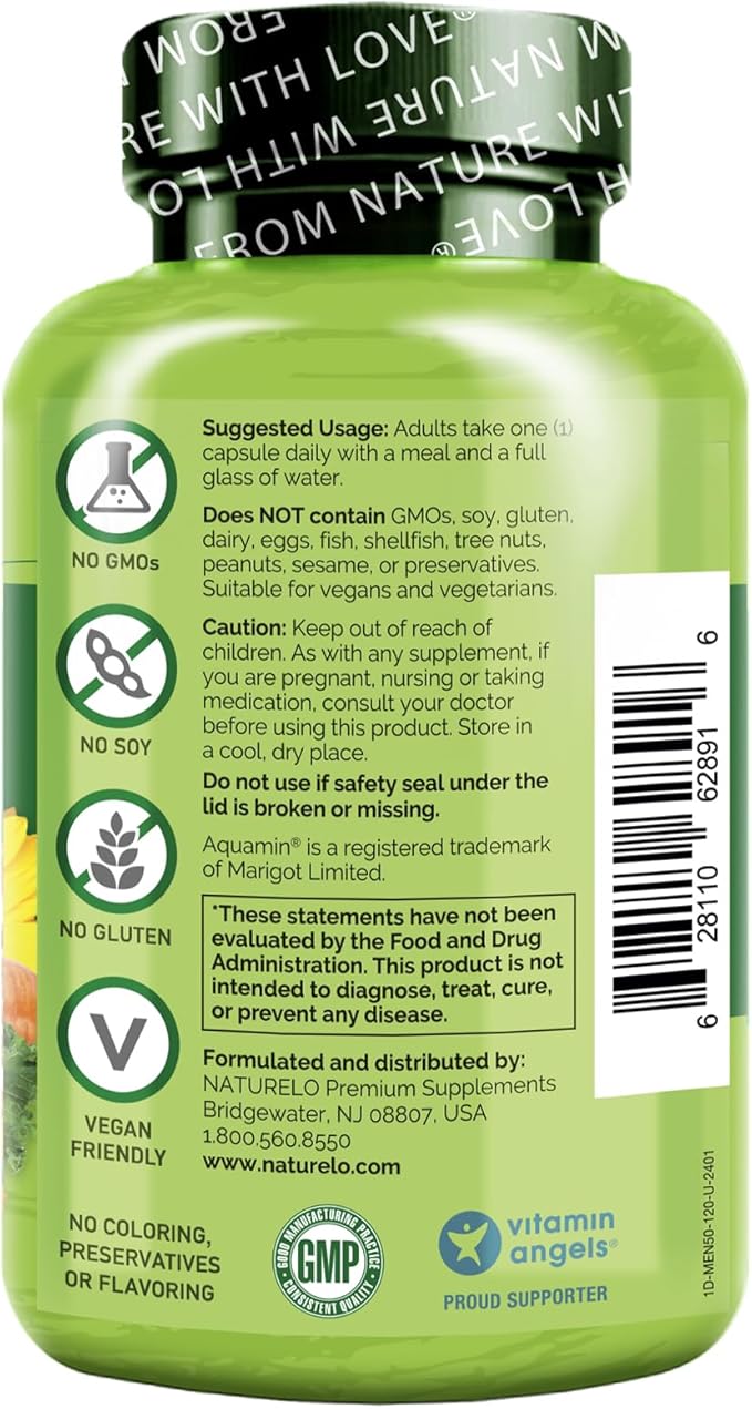 NATURELO Mens Multivitamins for Men 50+ - One Daily Multivitamin for Men with Vitamins, Minerals & Organic Whole Foods, Boost Energy & Health, Non-GMO, 120 Vegetarian Capsules-SeraviaPure
