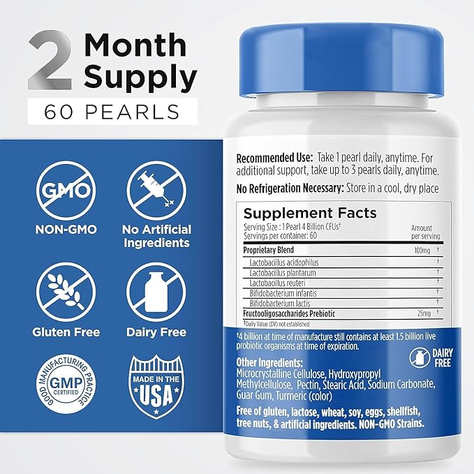 Earth's Pearl Probiotics for Women & Men & Kids - Pearl-Shaped Probiotic & Prebiotics with BIO-Tract®, 4 Billion CFU, Gut Health Support (60-Day Supply)-SeraviaPure