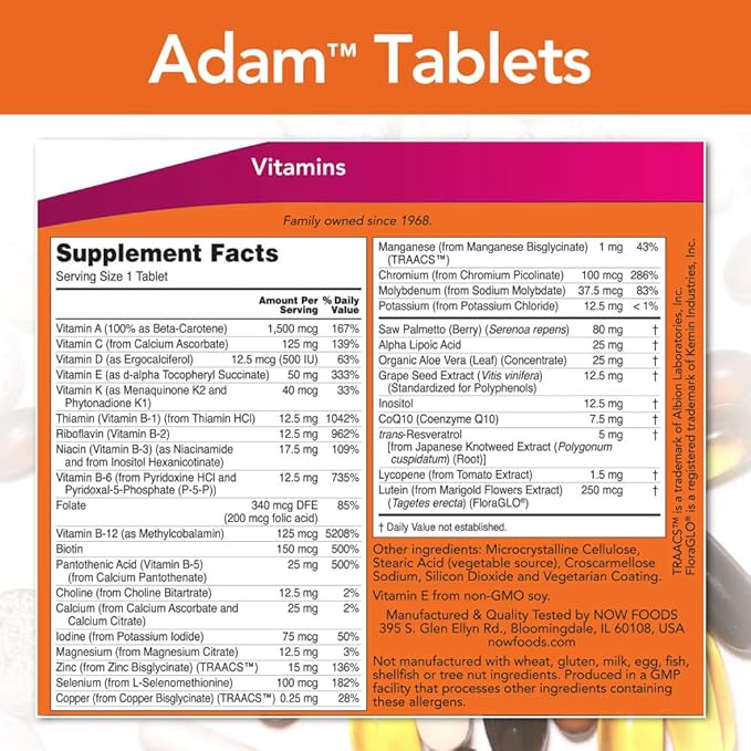 Now Foods Adam Men's Multiple Vitamin 120 Tabs-SeraviaPure
