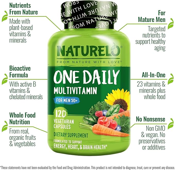 NATURELO Mens Multivitamins for Men 50+ - One Daily Multivitamin for Men with Vitamins, Minerals & Organic Whole Foods, Boost Energy & Health, Non-GMO, 120 Vegetarian Capsules-SeraviaPure