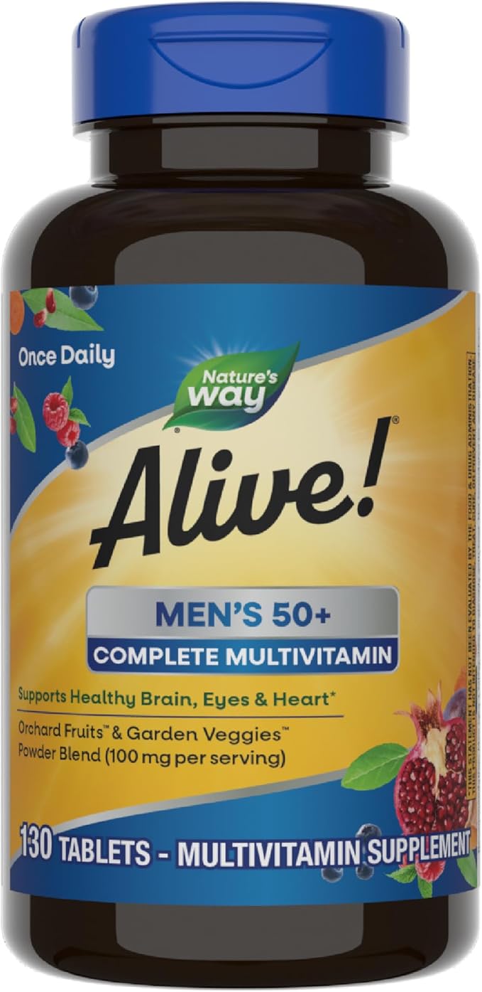 Nature’s Way Alive! Men’s 50+ Complete Multivitamin, Supports Multiple Body Systems*, Supports Cellular Energy*, High Potency B-Vitamins, Gluten-Free, 130 Tablets-SeraviaPure