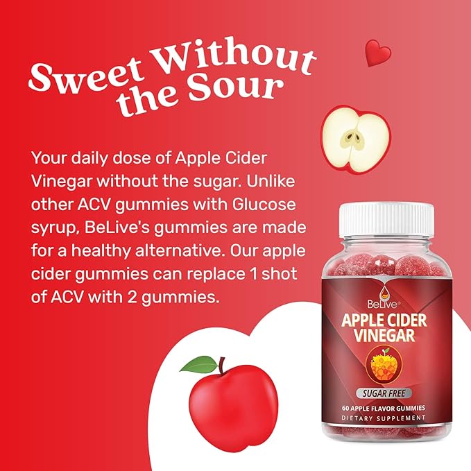 BeLive Apple Cider Vinegar Sugar Free Gummies – Great for Digestion & Healthy Diet - Gluten Free, No Glucose Syrup, ACV Gummies Alternative to Capsules & Drink (120 Ct) – 2 Pack-SeraviaPure