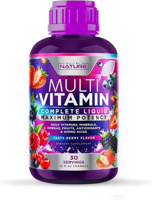 Liquid Multivitamin for Women, Men, and Kids - Liquid Vitamins Supplement for Adults - Natural Multimineral - Vegan, Non-GMO, Gluten Free, Sugar Free – Delicious Berry Flavor - 15 Fl Oz, 30 Servings-SeraviaPure