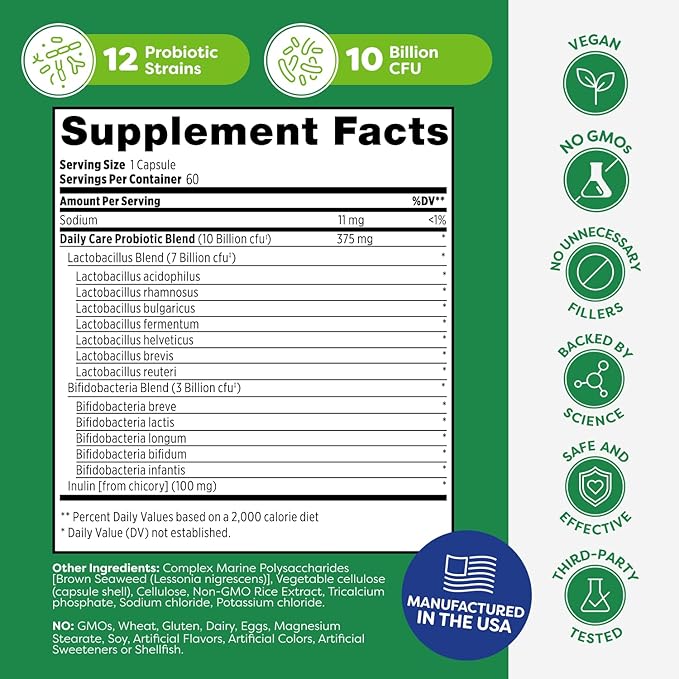 Probulin Daily Care Probiotic Supplement, Digestive, Gut, and Immune Health Support Capsules for Men and Women, 10 Billion CFU, Vegan, 60 Count Bottle