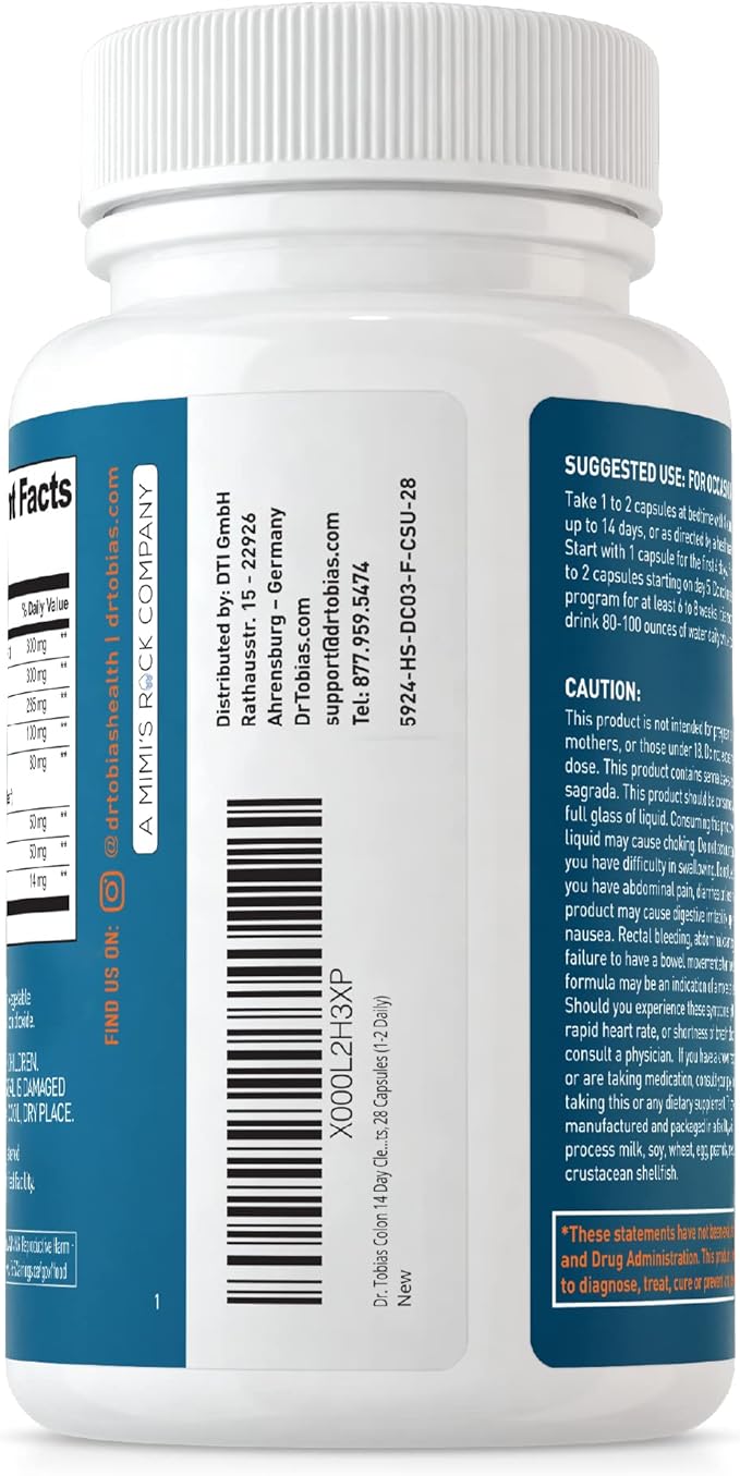 Dr. Tobias Colon 14 Day Cleanse, Advanced Gut Cleanse Detox for Women & Men with Cascara Sagrada, Psyllium Husk, Senna Leaf & Probiotics, Non-GMO Colon Cleanse, 4 Bottles of 28 Capsules (1-2 Daily)-SeraviaPure