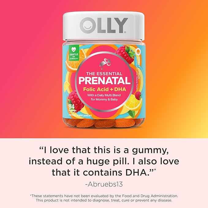OLLY Essential Prenatal Gummy Multivitamin, Folic Acid, Vitamin D, Omega 3 DHA, Supports Healthy Growth and Brain Development, Citrus Berry - 84 Count-SeraviaPure