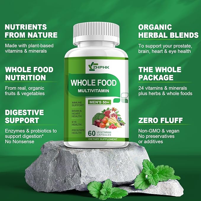 Multivitamins for Men 50 Plus, Whole Food Multivitamin Organic Based Superfoods Supplement for Men 50+ for Brain, Heart and Eye Health, Improve Digestion & Prostate Health, 120 Capsules-SeraviaPure