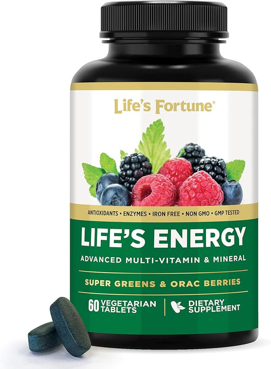 Life's Energy Advanced Daily Multivitamin for Men & Women, Energy and Immune Support Supplement with Super Greens, Antioxidants, Enzymes - Iron Free, Vegetarian, 60 Tablets by Life's Fortune-SeraviaPure