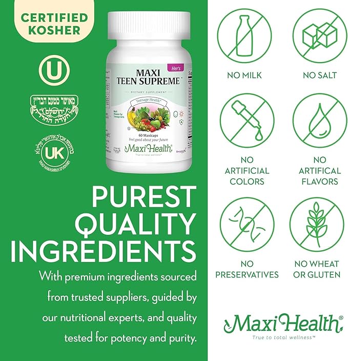 Maxi Health Teen Multivitamin for Girls 12-17 years, Natural Vitamins and Minerals Enhances Development and Immune Health, Best Kosher Supplement for Teenagers, 60 Count-SeraviaPure