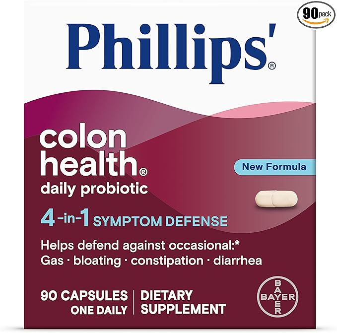 Phillips' Colon Health Daily Probiotic Capsules, 4-in-1 Symptom Defense to Help Defend Against Occasional Gas, Bloating, Constipation, and Diarrhea, Daily Supplement, 90 Count-SeraviaPure