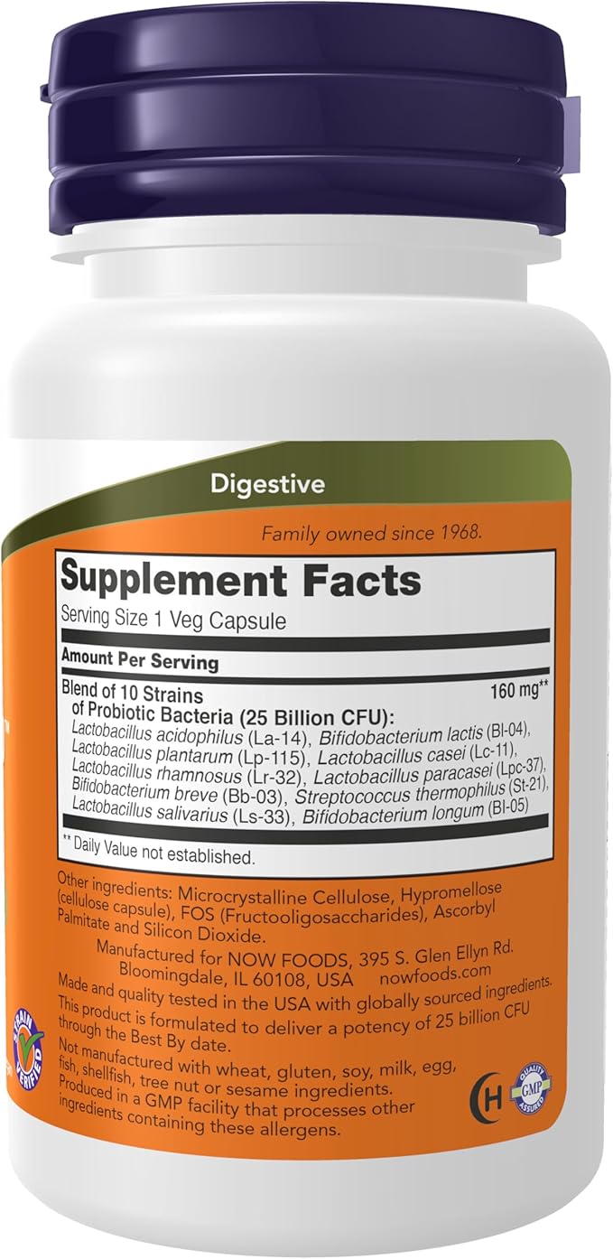 NOW Foods Supplements, Probiotic-10™, 25 Billion, with 10 Probiotic Strains, Dairy, Soy and Gluten Free, Strain Verified, 30 Veg Capsules-SeraviaPure