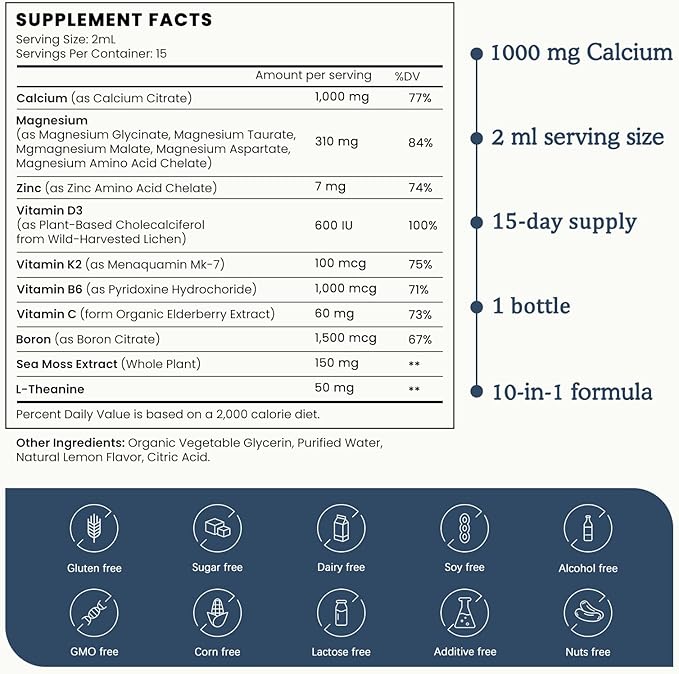 (1 Pack) Magnesium Calcium Zinc Supplement with Vitamin D3 K2 for Women, Magnesium Glycinate Vegan Liquid Drops for Adult Plus L-Theanine Boron Sea Moss Extract, Bone, Sleep & Leg Cramps, 1 Fl Oz-SeraviaPure