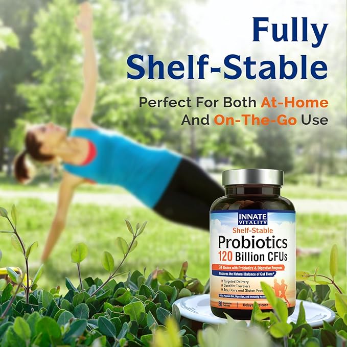 Innate Vitality Probiotics 120 Billion CFUs for Men & Women, 34 Strains with Prebiotics & Digestive Enzymes, Immune & Digestive Health, Delayed Release, Shelf Stable, 30 Vegan Capsules-SeraviaPure