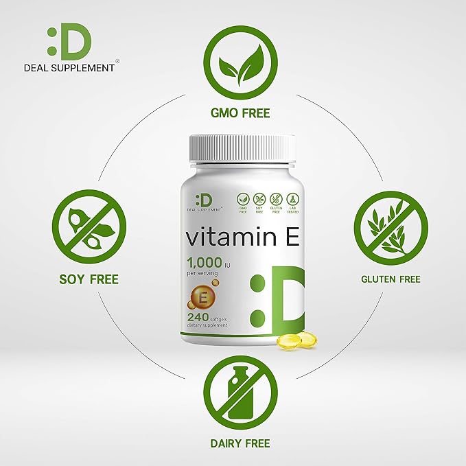 DEAL SUPPLEMENT Vitamin E Supplements, 1,000 IU Per Serving, 240 Softgels – Extra Strength Antioxidant Protection – Bioavailable Stable Form – Skin, Heart, Brain, & Immune Support – Non-GMO-SeraviaPure
