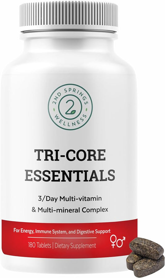 Tri-Core Essentials - 3 A Day Comprehensive Multivitamin Multimineral Complex with Probiotics, Prebiotics, Digestive Enzymes, Mushrooms, Adaptogens, and 45 Fruits and Vegetables - 180 Tablets-SeraviaPure