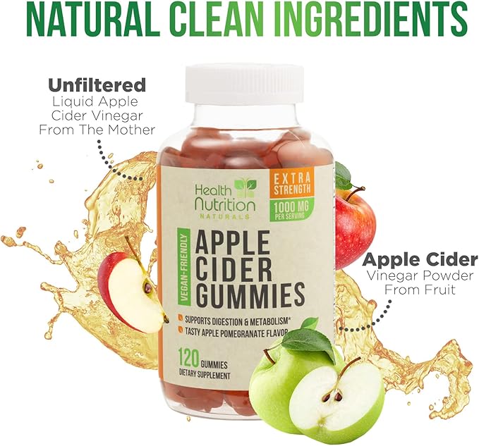 Vegan Apple Cider Vinegar Gummies | Max Strength 1000mg | ACV Supplement Gummy Vitamins for Adults, Supports Digestion, Metabolism, Natural Apple Flavor with Mother, Gluten Free, Non-GMO - 120 Gummies-SeraviaPure
