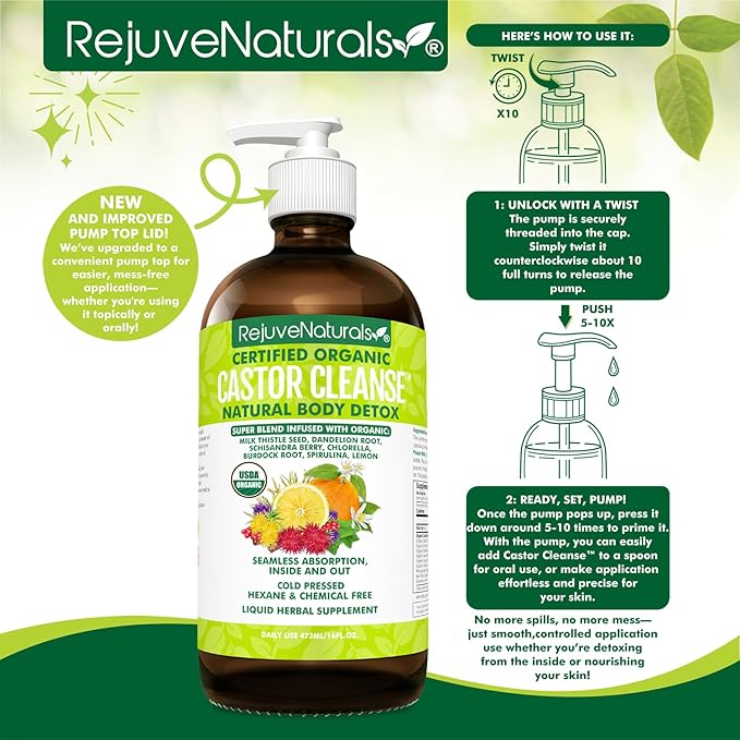 RejuveNaturals Castor Cleanse™ - USDA Organic Castor Oil, Chlorella, Spirulina, Roots & Greens for Wellness, Digestive Support, Daily Balance. 3-Month Supply Gut Cleanse Detox for Women & Men - 16oz.-SeraviaPure