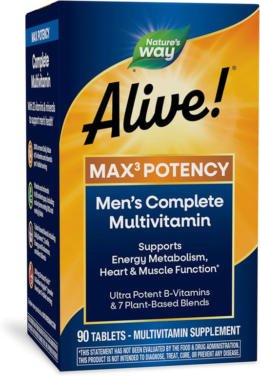 Nature’s Way Alive! Men’s Max3 Potency Multivitamin, Supports Energy Metabolism*, Heart & Muscle Function*, with Methylated B12 and Folate, Gluten-Free, 90 Tablets (Packaging May Vary)-SeraviaPure