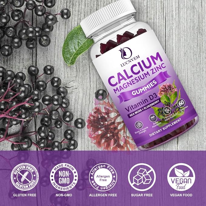 (2 Pack) Sugar Free Calcium Magnesium Zinc Gummies, Calcium Magnesium 2:1, Contains Magnesium Glycinate, Vitamin D3, Sea Moss, for Bones, Muscles, Calm Mood & Sleep Support, Vegan, 120 Gummies-SeraviaPure
