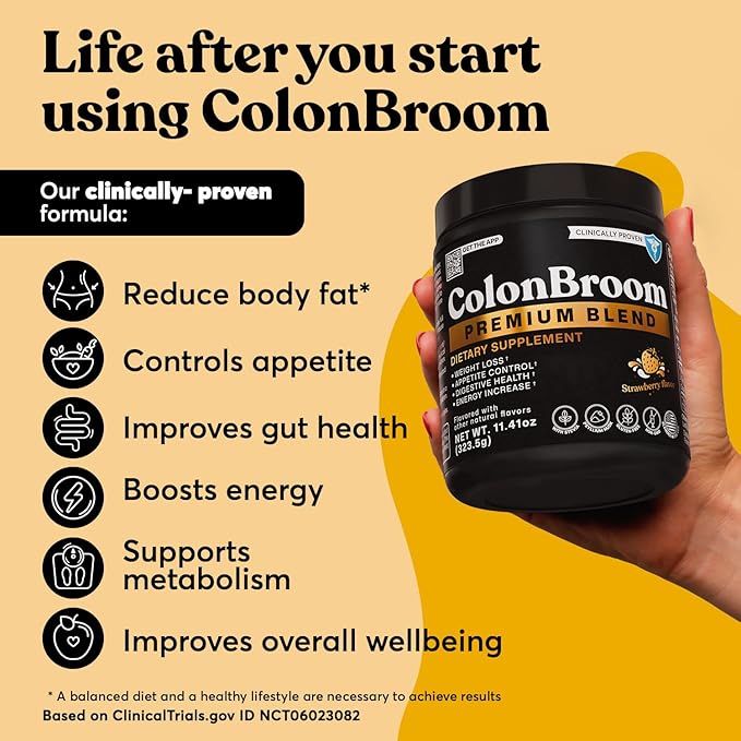 ColonBroom Premium Weight Management Supplement (Strawberry) - Colon Broom Psyllium Husk Fiber Powder Drink - Gluten Free, Non-GMO Colon Cleanse for Bloating Relief & Gut Health, 50 Servings-SeraviaPure