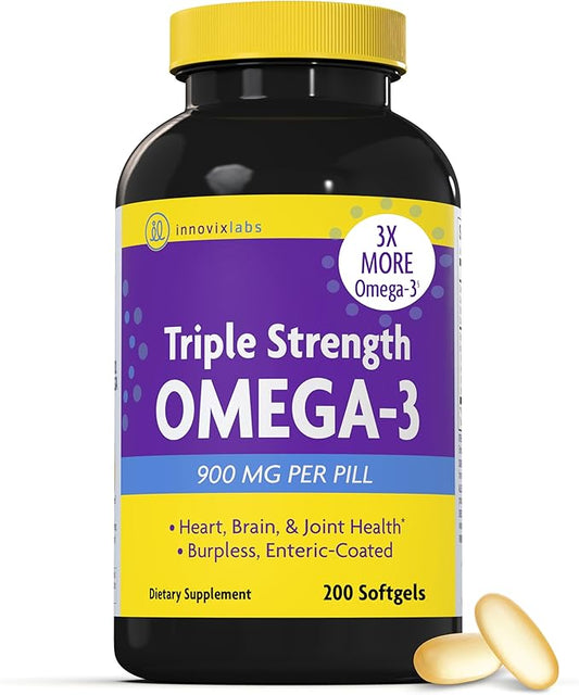 InnovixLabs Triple Strength Omega 3 Fish Oil Supplement, 900 mg, Pure EPA DHA Omega 3 Supplement Brain and Joints, Burpless Omega-3 for Women and Men with Enteric Coating, 200 Capsules-SeraviaPure