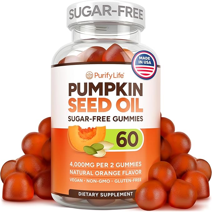 Sugar-Free Pumpkin Seed Oil Gummies (4,000mg/serving) Pumpkin Seed Oil for Hair Growth, Youthful Skin, Prostate Health, Immune & Urinary Tract Support-Natural Source of Essential Fatty Acids-60 Chews-SeraviaPure