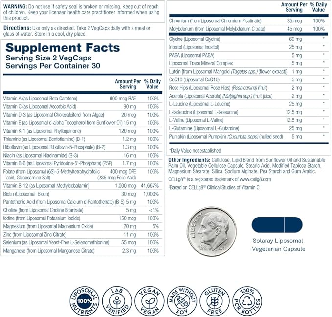 SOLARAY Liposomal Multivitamin for Men, Enhanced Absorption Immune, Energy & Bone Support, Mens Daily Multi Vitamin, BCAA’s, Vitamin D3, C, B12, Zinc, Vegan, Soy Free, 30 Servings, 60 VegCaps-SeraviaPure