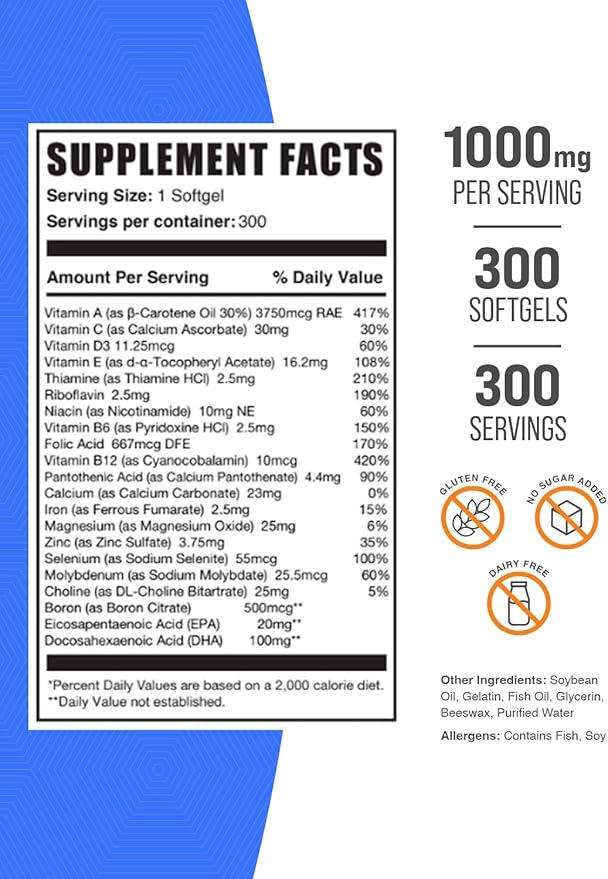BulkSupplements.com Multivitamin for Men 50 Plus Softgels - Men's Daily Vitamins, Multimineral Supplement - Complete Multivitamin with Fish Oil - 1 Softgel per Serving, 300 Count (Pack of 1)-SeraviaPure
