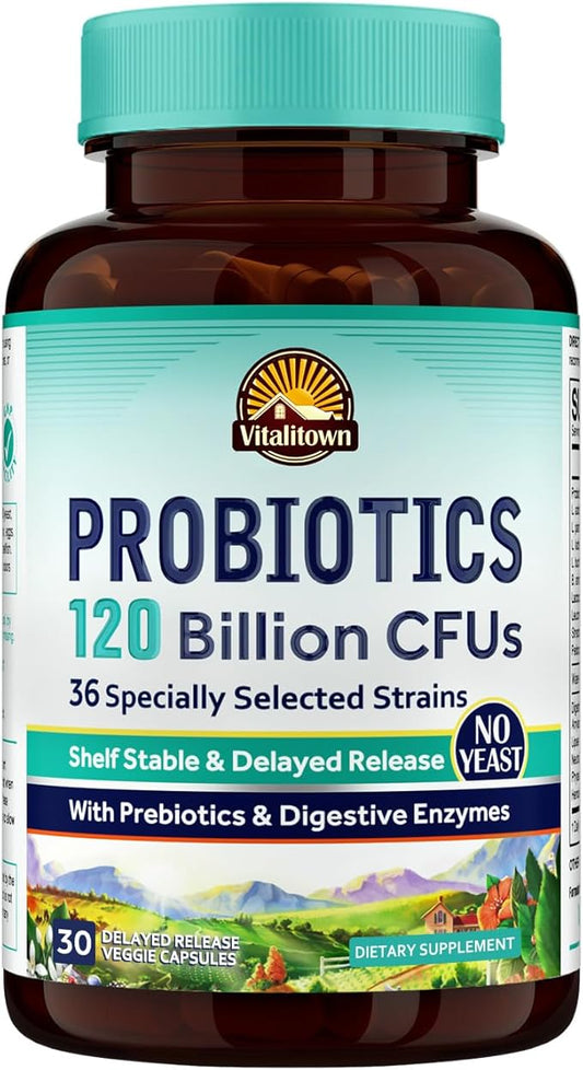 VITALITOWN Probiotics 120 Billion CFUs | 36 Strains, with Prebiotics & Digestive Enzymes for Men Women | Shelf Stable | Digestive Health & Immune Support | Vegan, Non-GMO | 30 Delayed Release Veg Caps-SeraviaPure