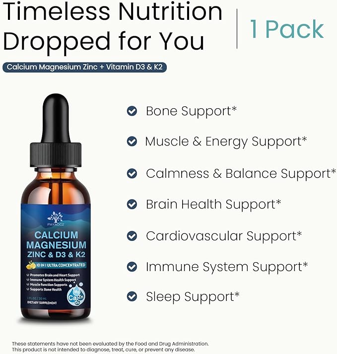 (1 Pack) Magnesium Calcium Zinc Supplement with Vitamin D3 K2 for Women, Magnesium Glycinate Vegan Liquid Drops for Adult Plus L-Theanine Boron Sea Moss Extract, Bone, Sleep & Leg Cramps, 1 Fl Oz-SeraviaPure